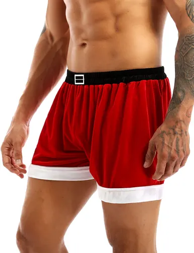 Imagen 2 del producto Rojo para hombre franela Navidad Santa Claus disfraz Cosplay pantalones cortos sexis Navidad Santa Boxer pantalones cortos bragas hombre Navidad regalo de Navidad