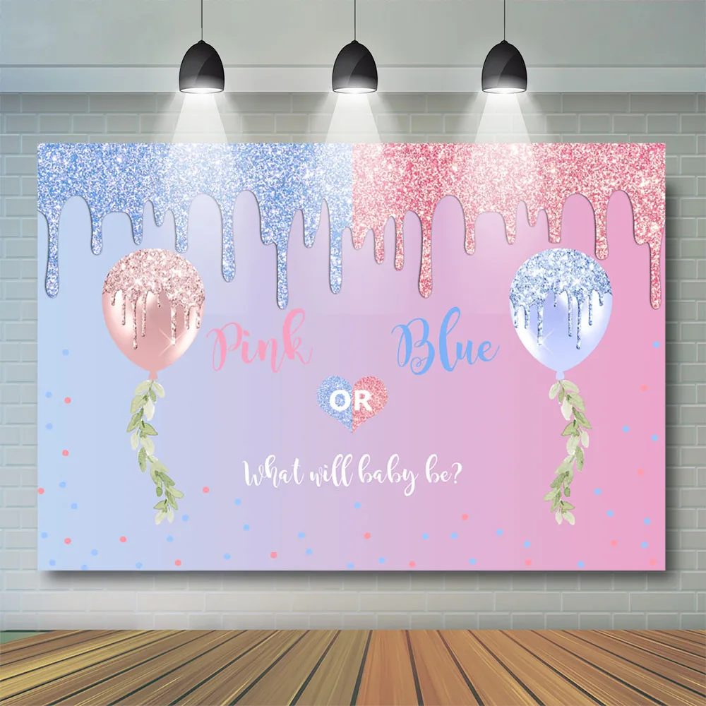 Gender Reveal Backdrop Boy Or Girl Banner Pink Blue Balloons Glitter Dots Background Child Kids Party Photography Baby Studio