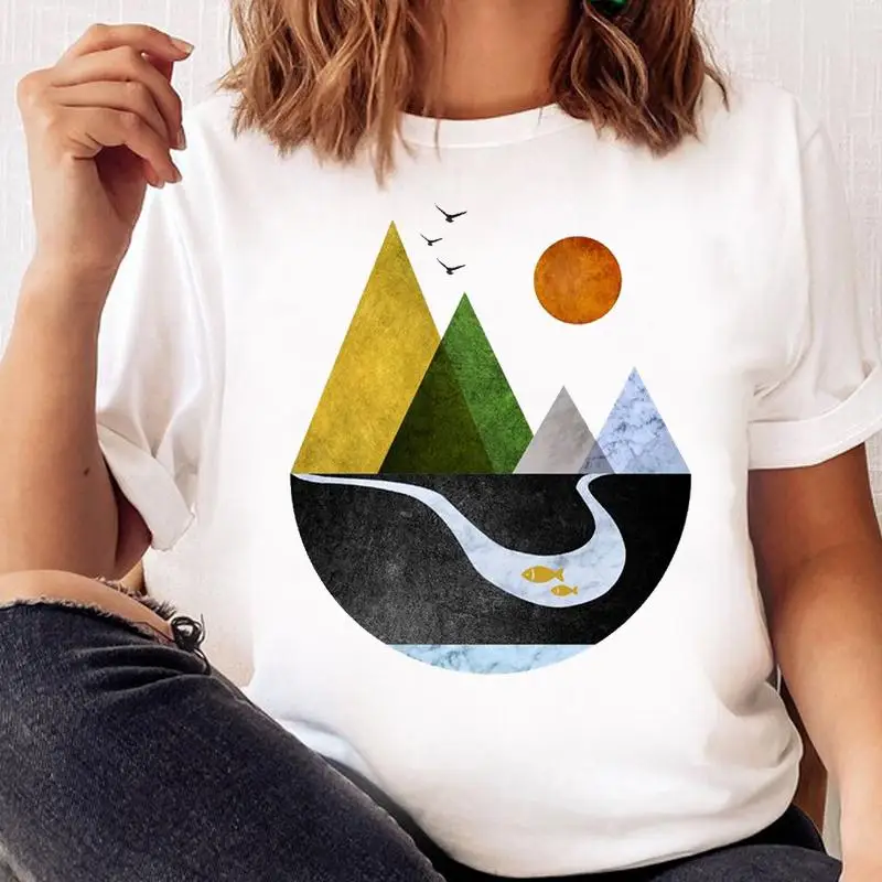 

T-shirt Mountain River Painting Women Cartoon Ladies Graphic Clothing Fashion T Shirt Abstract Print Tee Female Top Clothes