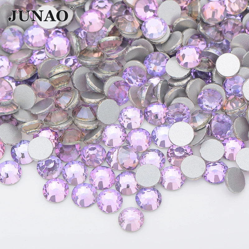 JUNAO Wholesale 100 Gross SS6 8 10 12 16 20 30 Crystal Pink Violet Flat Back Glass Rhinestone Bulk Glue on Nail Decoration Stone