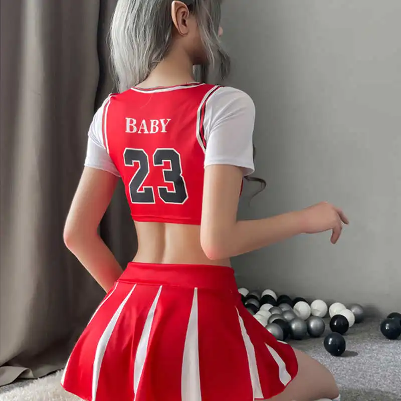 2024 New Sexy Lingerie Dynamic Football Baby Split Cheerleading Uniform Contrast Short Sleeve And Hip Pleated Print Skirt Suit