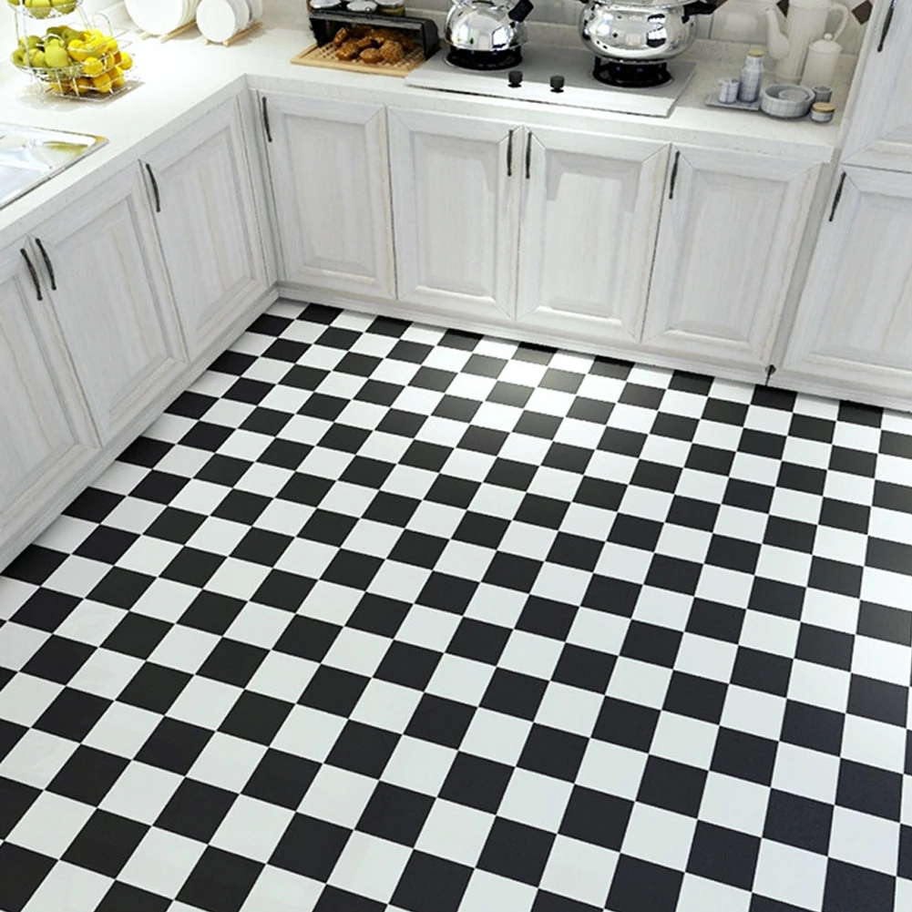 Modern Thick Self Adhesive Tiles Floor Stickers Checkered Pattern Bathroom Ground Wallpapers Black and White PVC Bedroom Decor