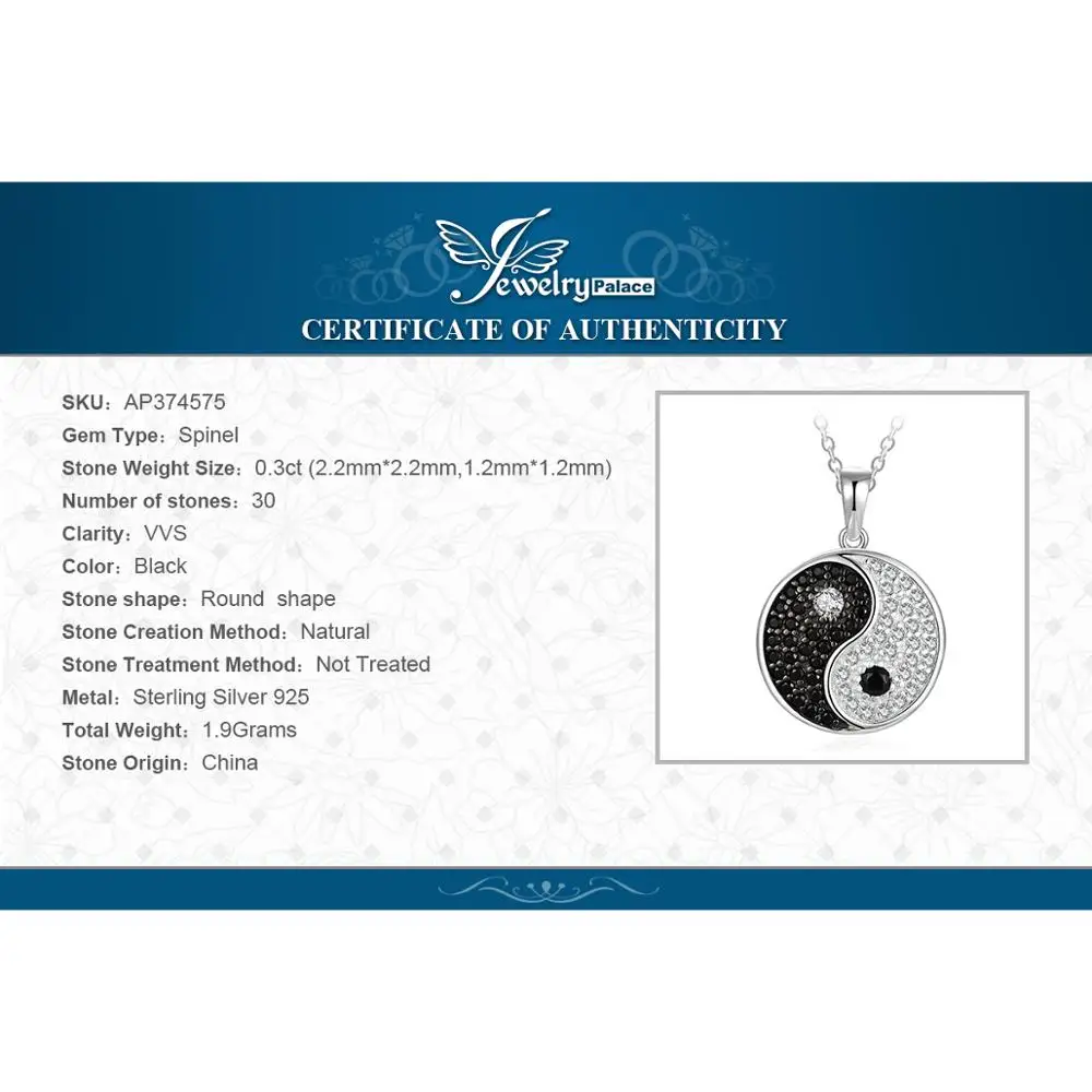 Jewelrypalace tai chi yin yang 925 prata esterlina pingente colar feminino natural preto spinel redondo pedra preciosa pingente sem corrente