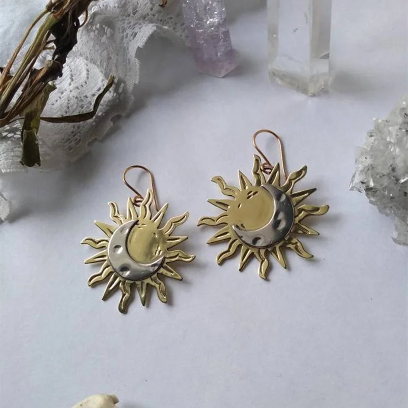 Fashion Bohemia Sun and Moon Earrings Gold Color Drop Earrings for Women Female Boho Wedding Party Jewelry Gift for Her