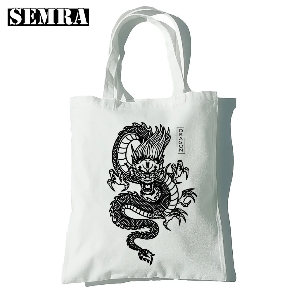 Dragon Printing Women Canvas Shopper Bag Girl Harajuku Large Capacity Punk Gothic Black Tote Classic Vintage Shoulder Handbag