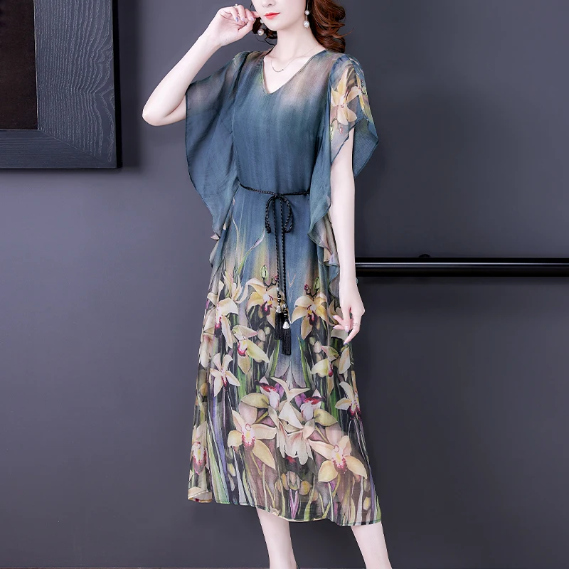 2024 Loose Print Natural Silk Midi Dress Summer Vintage Casual Chiffon Dress Elegant Women Bodycon Party Evening Vestidos