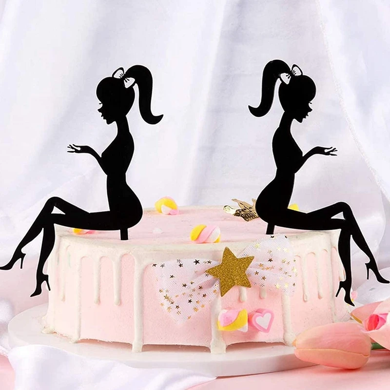 6PCS High Heels Woman Silhouette Pattern Girl Birthday Cake Decoration Cake Topper(Black)