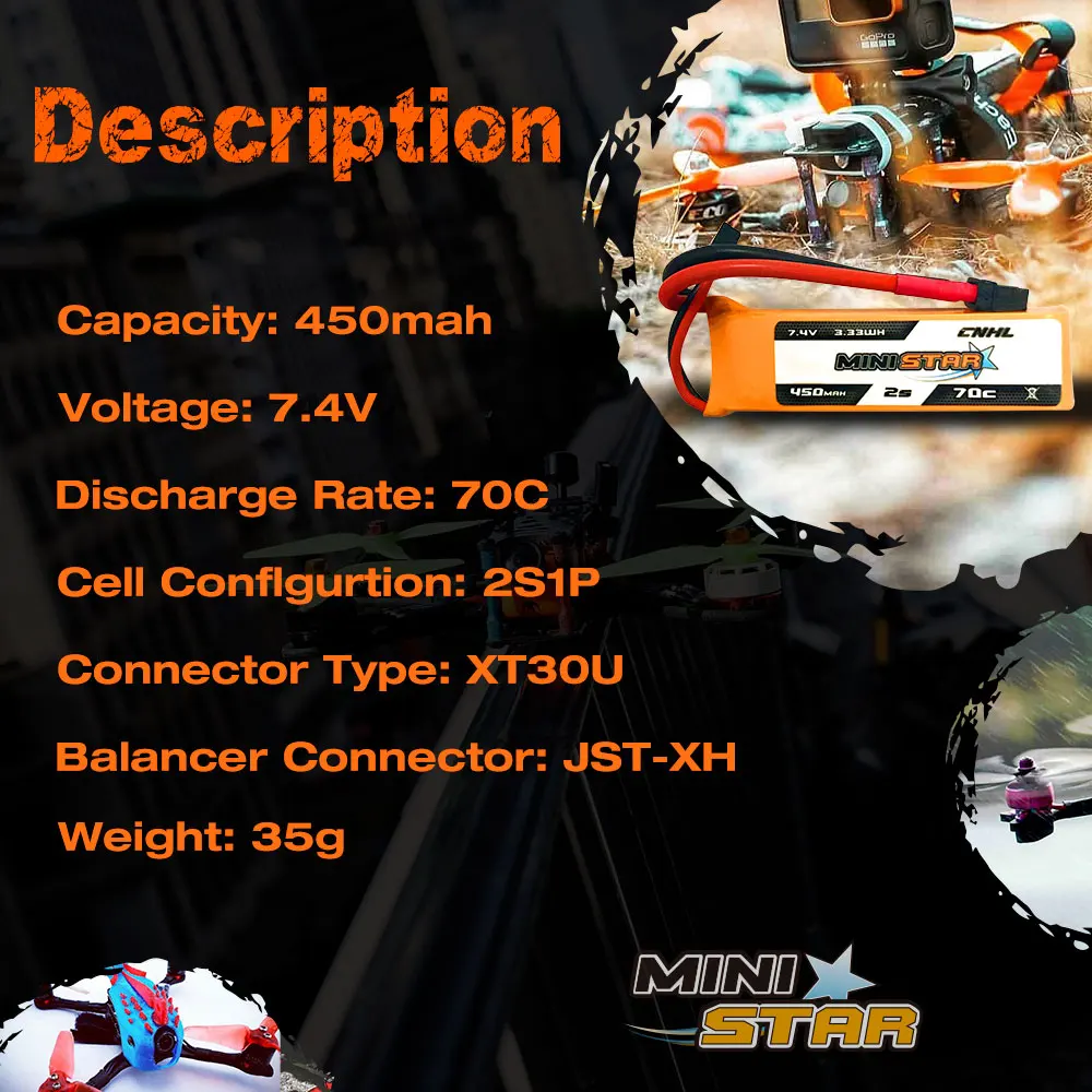 미니 쿼드 RC FPV 드론 쿼드콥터 헬리콥터 비행기용 CNHL Lipo 2S 7.4V 배터리, 450mAh, 70C 미니스타 시리즈 XT30, 3 PCs, 6PCs