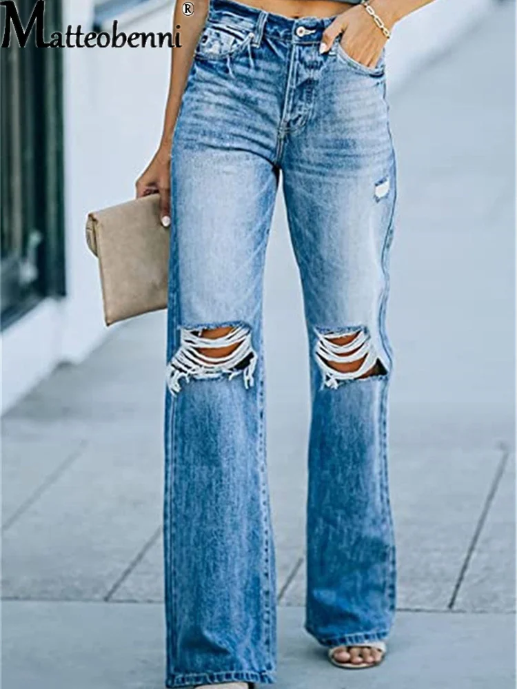 2021 Womens Ripped Losse Wijde Pijpen Jeans Dames Hoge Taille Blauw Wassen Casual Katoenen Denim Broek Herfst Vintage Baggy Jean broek