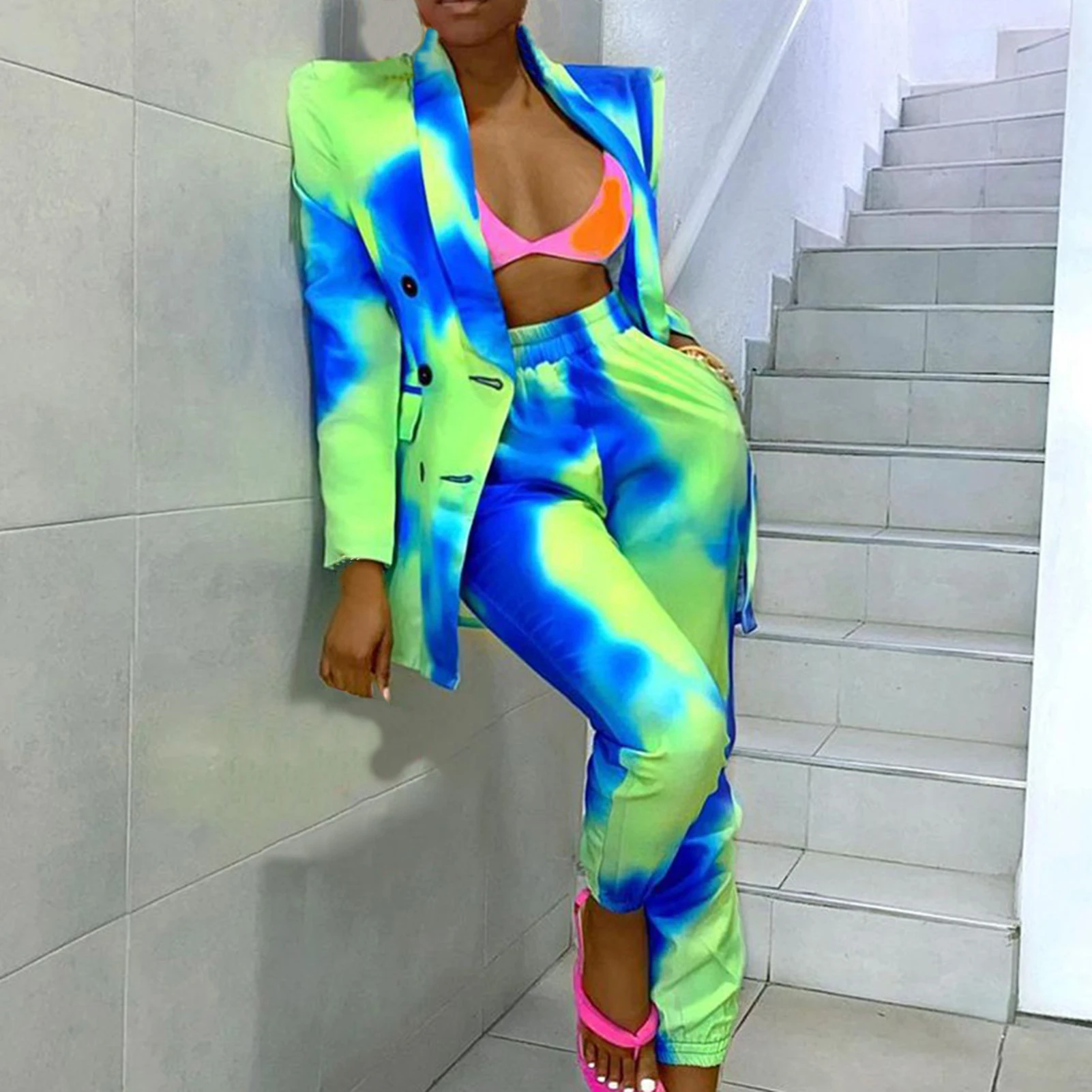 2022 Women Blazer Pants Set Korea Style Colorful Printed Leisure Right Angle Shoulder Tie Dye Pants Suit Outfits костюм женский