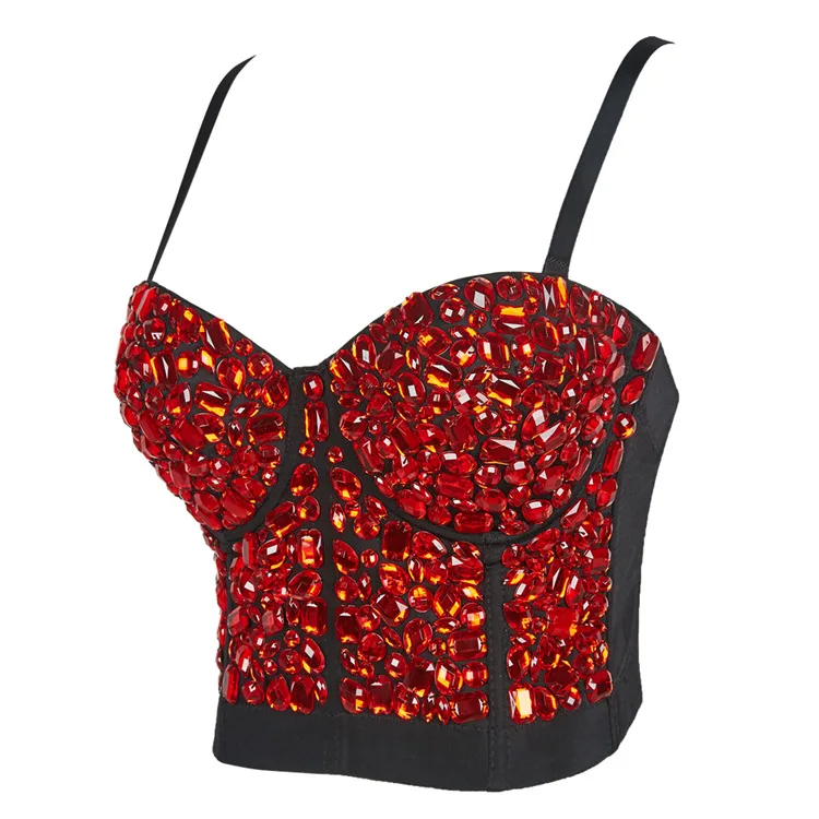 Red Acrylic Rhinestones Corselets Bachelorette Bustier Bra Push Up Slim Fit Women's Bralette Cropped Top Vest Plus Size