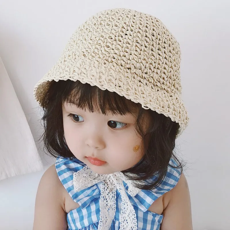 Sombreros de paja coreanos para bebé, niño y niña, sombrero de ganchillo con correa de encaje, plegable, hecho a mano, para el sol y la playa