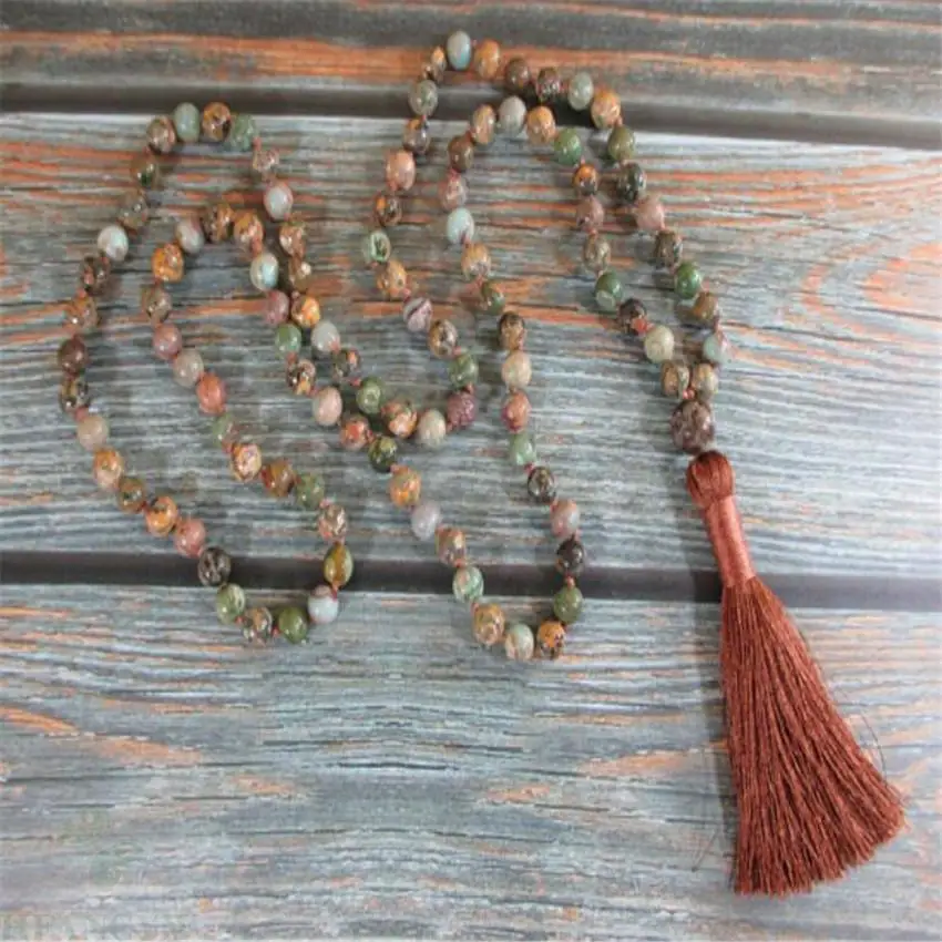 

8MM Natural Rhyolite Gemstone Mala Necklace 108 Bead Tassel spirituality Hot cuff pray MONK men Tassel Buddhist Chakas Handmade