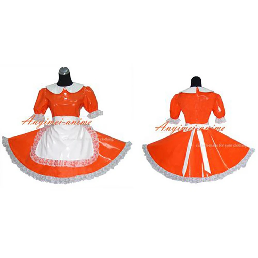 fondcosplay adult sexy cross dressing sissy maid orange thin PVC dress lockable Uniform white apron costume CD/TV[G262]