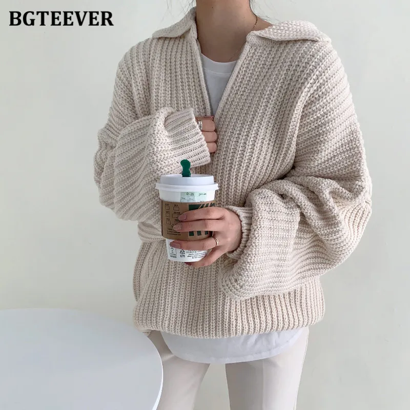 

BGTEEVER Chic Vintage Lapel Zippers Women Sweaters Jumpers 2021 Autumn Winter Full Sleeve Warm Loose Female Knitted Pullovers