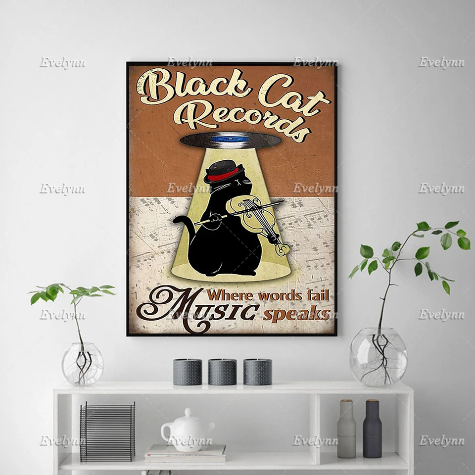 Cat Lovers/Black Cat Records Where Words Fail Retro Poster/ Cat Wall Art Prints Home Decor Canvas Unique Gift Floating Frame