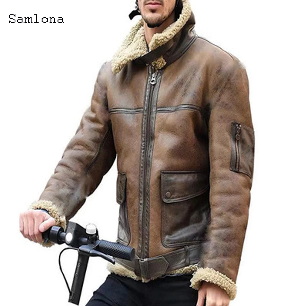 New Thick Winter Three-dimensional Pockets Motor PU Leather Coat Jacket Men Fashion Individuality Zipper Punk Style Jacket Men