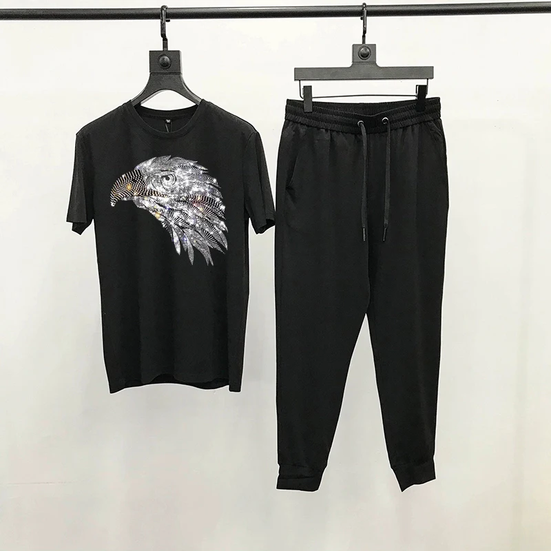 

Cotton Summer Design Men's Sets Hot Diamond T-Shirt Tracksuit Animal Shiny Pattern Breathable Sweatshirt + Pants 2 Pack