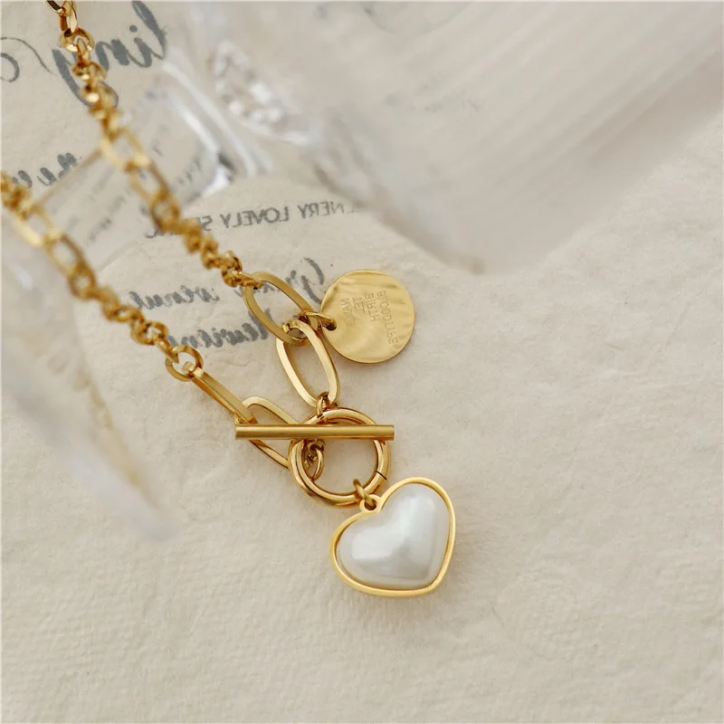YUN RUO 2021 Light Gold Color Pearl Heart Pendant Necklace Stainless Steel Jewelry for Woman Fashion Neckalce Factory Wholesale