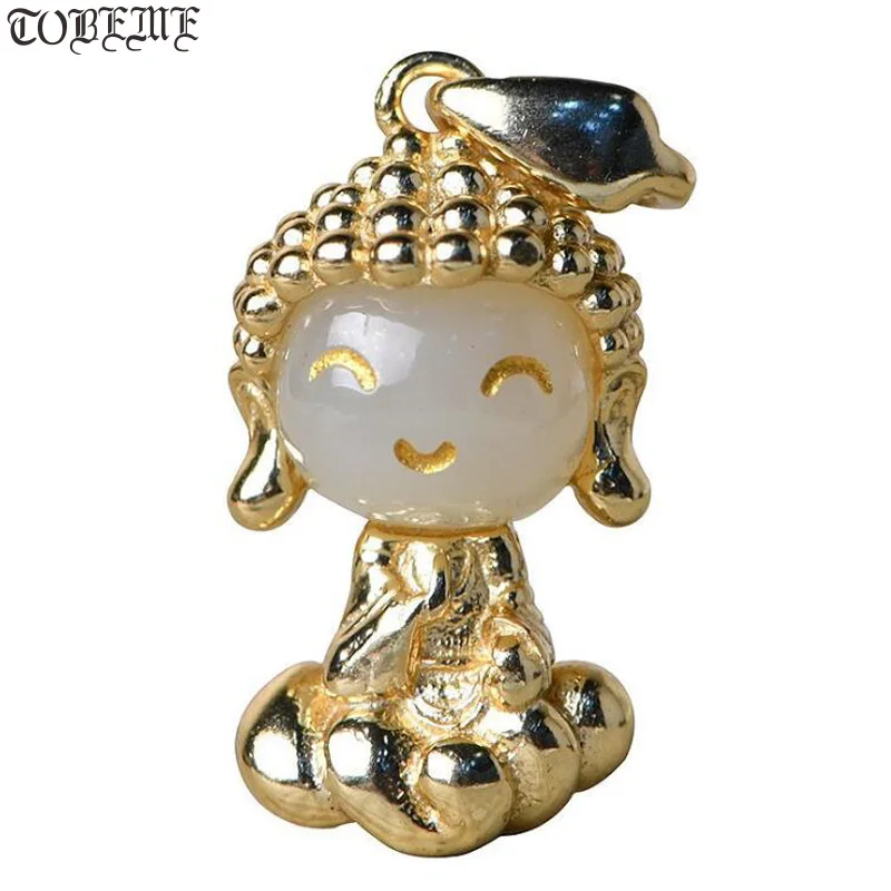 100% 925 Silver Gold Plated Little Buddha Pendant Natural Jade Tibetan Buddha Pendant Lady's Pendant Buddhist Good Luck Amulet