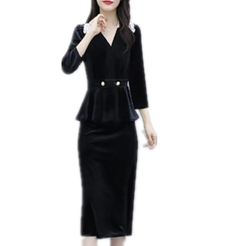 

Women Autumn Elegant Velvet Two Piece Suit Dress High Quality Vintage Office Party Robe Femme Designer Black Vestidos A240