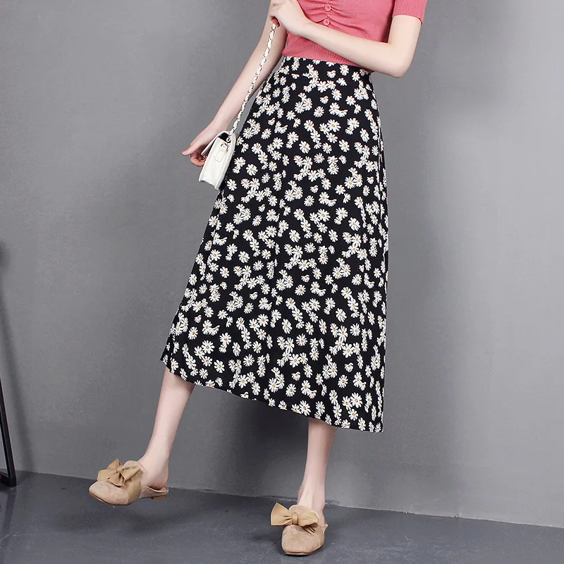 Peikong Brand Fashion Korean Chiffon Floral Women Long Tulle Red Vintage Sexy Skirt Summer High Waist Mediumlength Skirts Womens