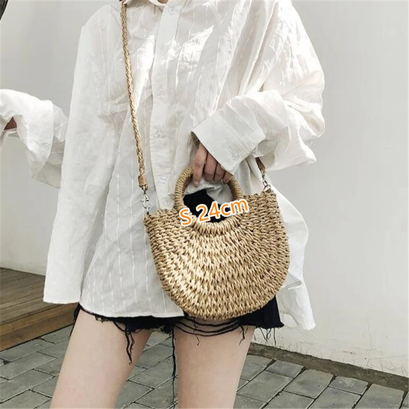 Summer Handmade Bags for Women Beach Weaving Ladies Straw Bag Wrapped Beach Bag Moon shaped Top Handle Handbags Totes