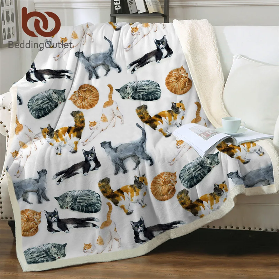 

BeddingOutlet Cute Cats Blanket Cartoon Animal Soft Plush Throw Blanket Watercolor Pet Printed Thin Quilt Golden Bedding