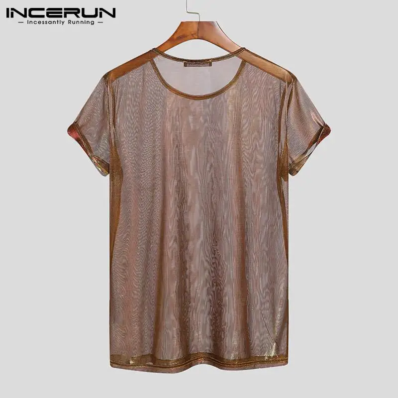 INCERUN 2024 Men T Shirt Mesh See Through Shiny O Neck Short Sleeve Sexy Tee Tops Streetwear Solid Party Nightclub Men Clothing