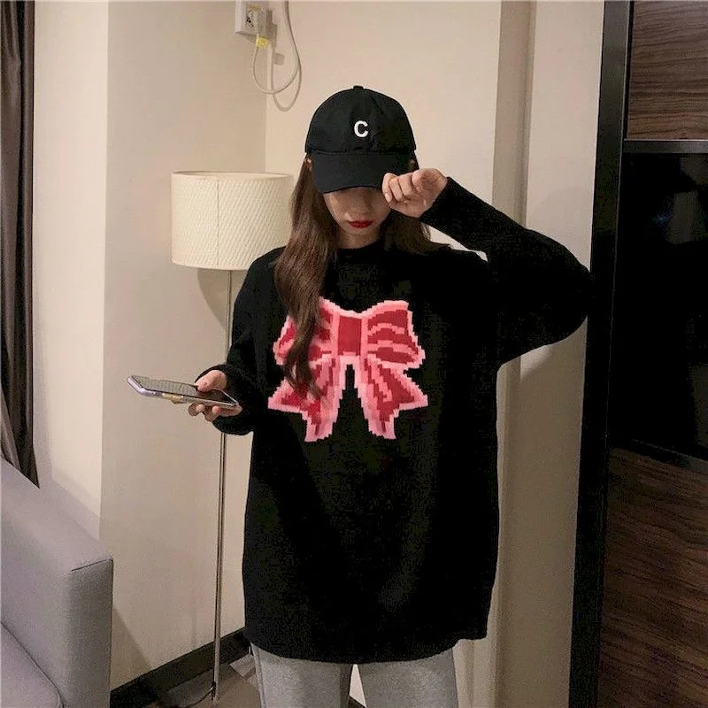 Autumn and winter new long-sleeved round neck pullover sweater women's loose bow knot love jacquard shirt girlfriend college top