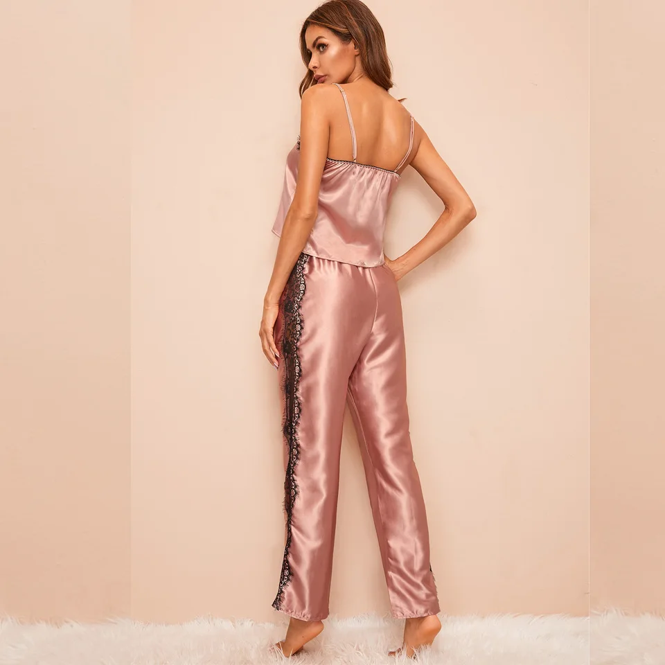 Two Pieces Satin Pajama Set V-Neck Pyjamas Cute Camisole Top and Pants Soft Sleepwear Hollow Out Lace Loungewear