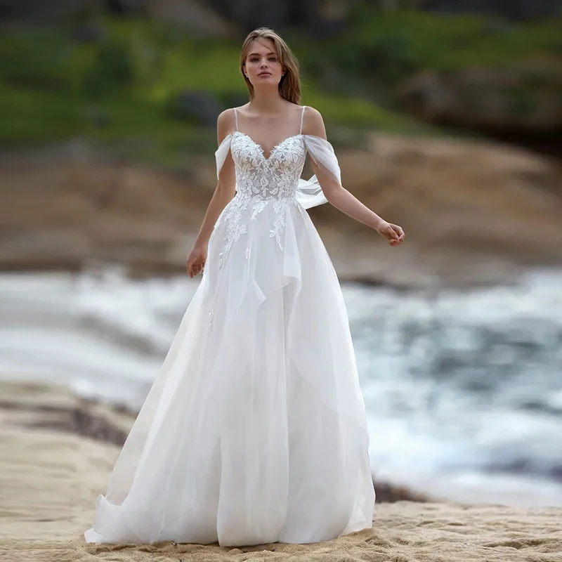 Vestido De novia elegante con tul para mujer, traje De boda Sexy con cuello De barco, lazo De tarjeta, correa De hombro, abertura lateral alta