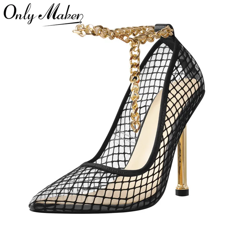 Onlymaker Women  Pointed Toe Black Fishnet Ankle Thin Metal Chain Pumps Fashion Party Dress Heels