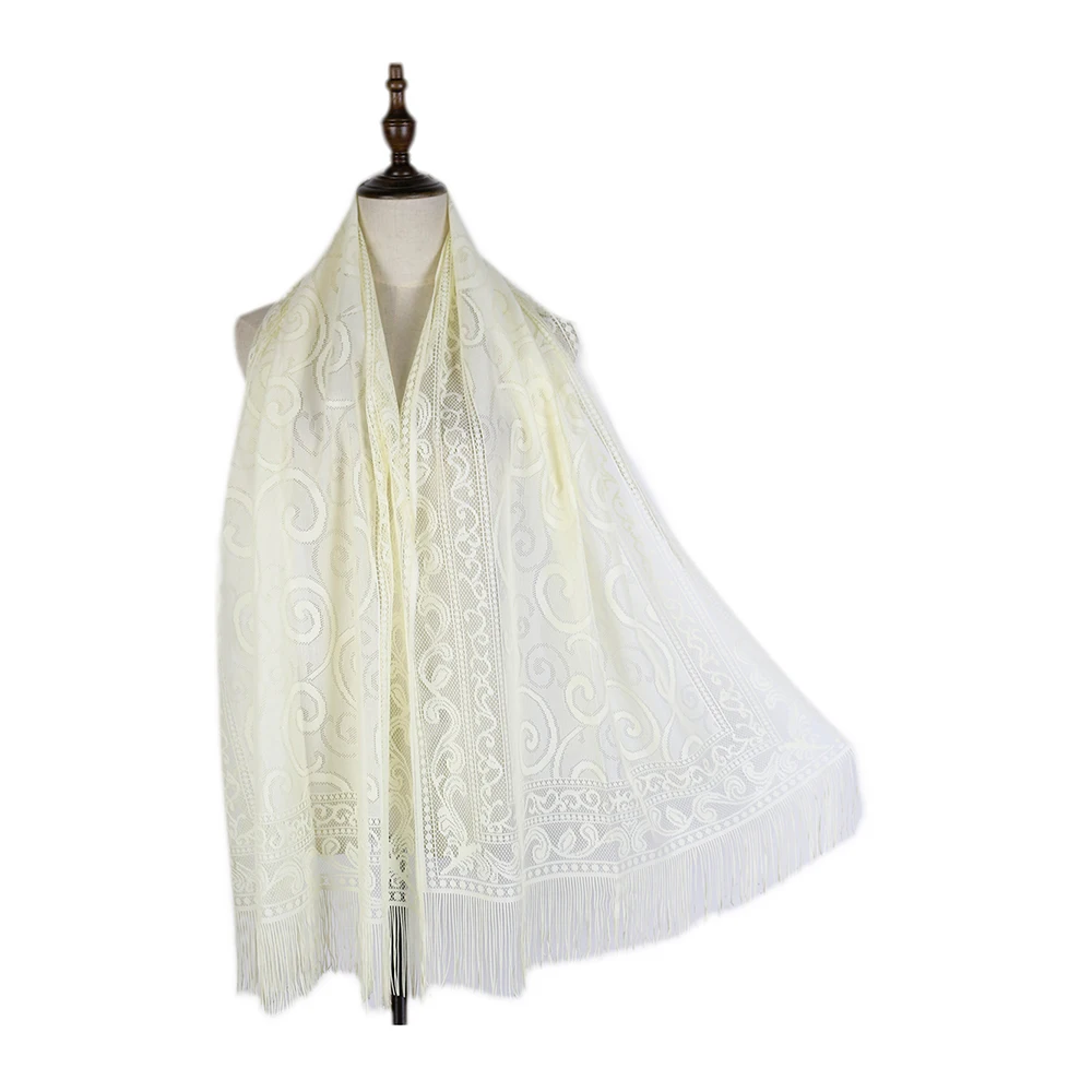 Long Lace Shawls See Through Beach Capes Wraps Summer Stoles Tassel Pure Color Muffler Hijabs Women