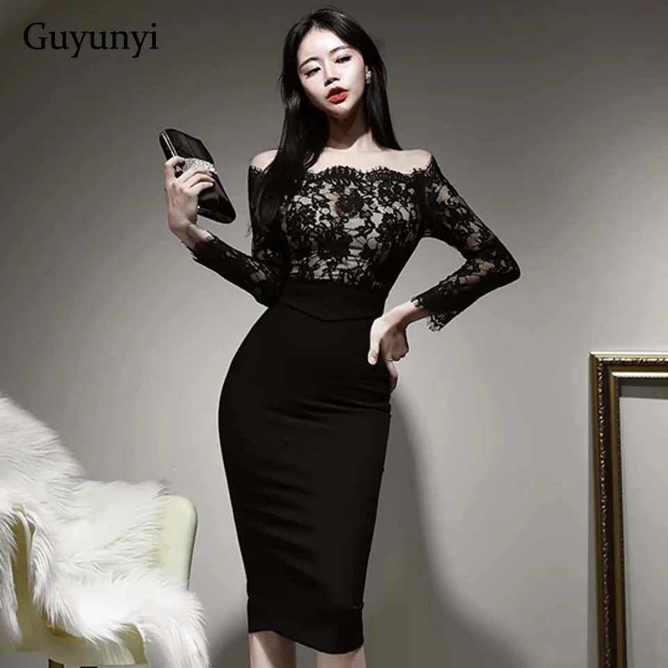 Black High Waist Lady Dress Spring Sexy Off The Shoulder Slash Neck Lace Long Sleeves Temperament Elegant Party Dress Women