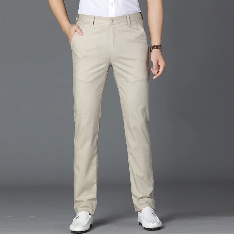 Spring Autumn Casual Pants Men Linen Cotton Slim Fit Chinos Fashion Non-iron Trousers 5 Colour Male Brand Clothing Size 29-42