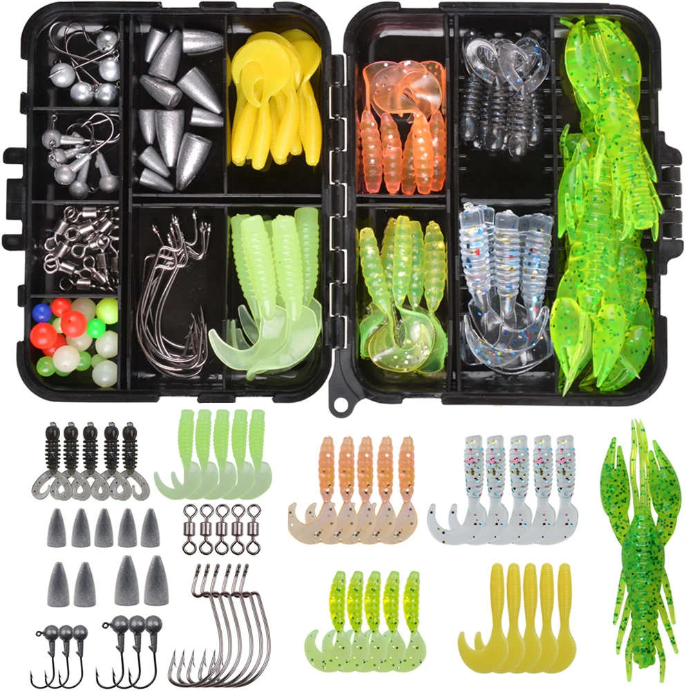 104Pcs/Box Fishing Lures Baits Kit Including Soft Fishing Lure Lead sinker Fishing Hook/Beads/Swivels Fish Accessories