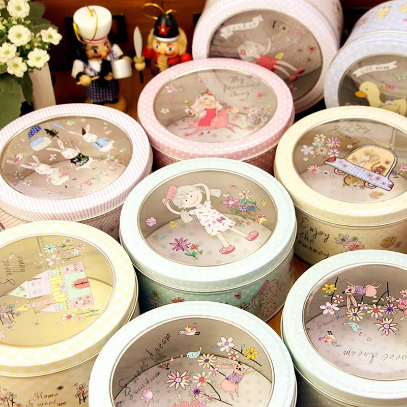 Transparent Skylight Tinplate Box Cookie Box Child Mousse Cake Tin Box Cute Bunny Round Jewelry StorageTin Box 13.5cm Tea Can