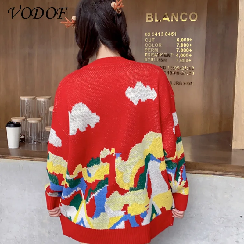 VODOF Winter Ugly Christmas Sweaters Pullover Women Jumper Oversized Knitted Lovers Red Sweater Long Sleeve O-neck Snowman Top