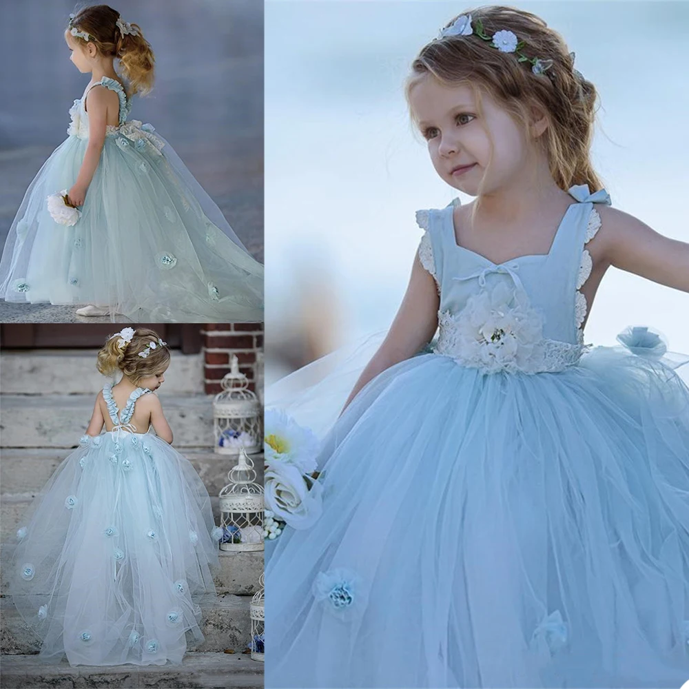 

Lovely Flower Girls Dresses Sky Blue Lace Appliques Beads Kids Formal Wear Custom Made Backless Birthday Toddler Pageant Gowns