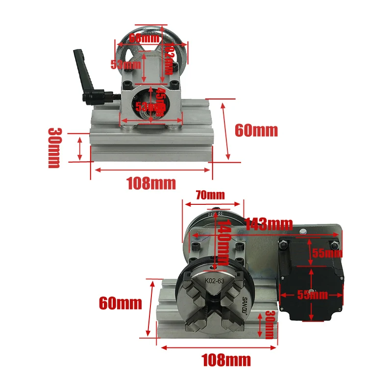 3 jaw chuck 51mm Center height 4th A rotary axis tailstock for DIY mini cnc milling machine 3020 wood router 3040