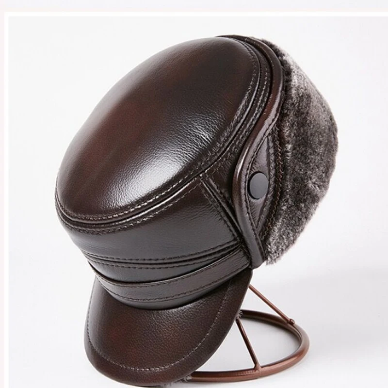 Winter Men\'s Leather Hat Thicken Leather Sheepskin Baseball Caps With Ears Warm Snapback Dad\'s Hats Sombrero De Cuero Del Hombre