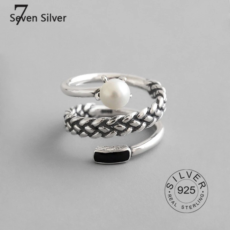 

Real 925 sterling silver rings for women pearl chain black zircon Trendy fine Jewelry Large Adjustable Antique Rings Anillos