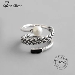 Gerçek 925 ayar gümüş yüzük kadınlar için inci zincir siyah zirkon Trendy güzel takı büyük ayarlanabilir antika yüzük Anillos