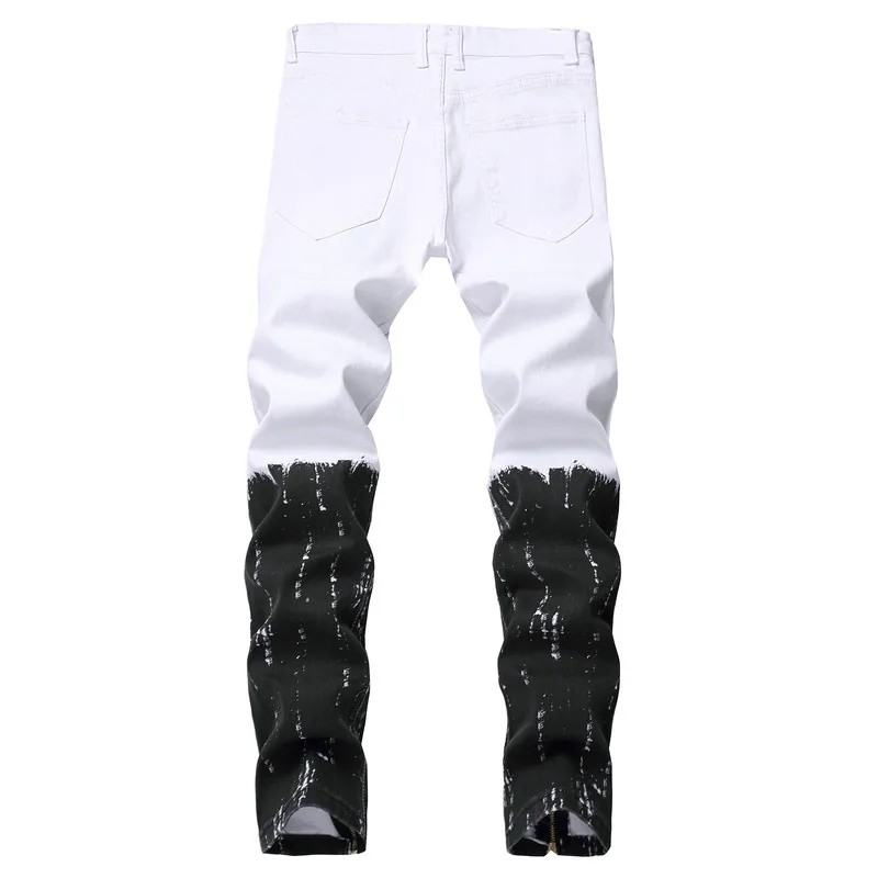 Destruído calças de brim masculinas magro ajuste fino calças de brim casual com zíper pernas calças rasgadas angustiado impresso preto branco longo jeans