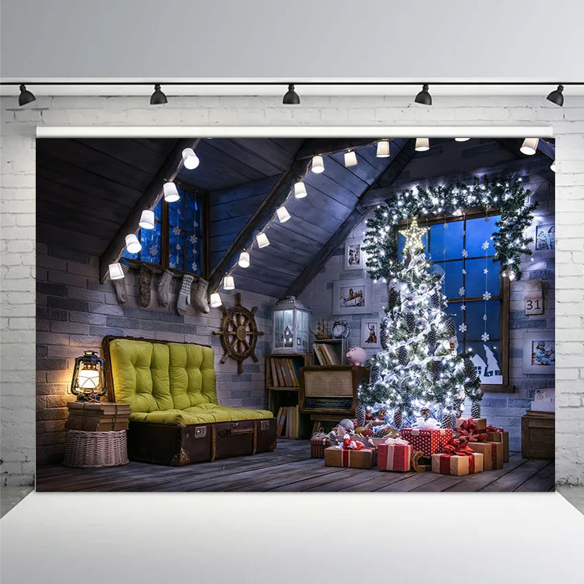 

Photography Backdrops Christmas Background Backdrops Indoor Room Light Sofa Window Christmas Tree Gifts Retro Wooden Backdrop