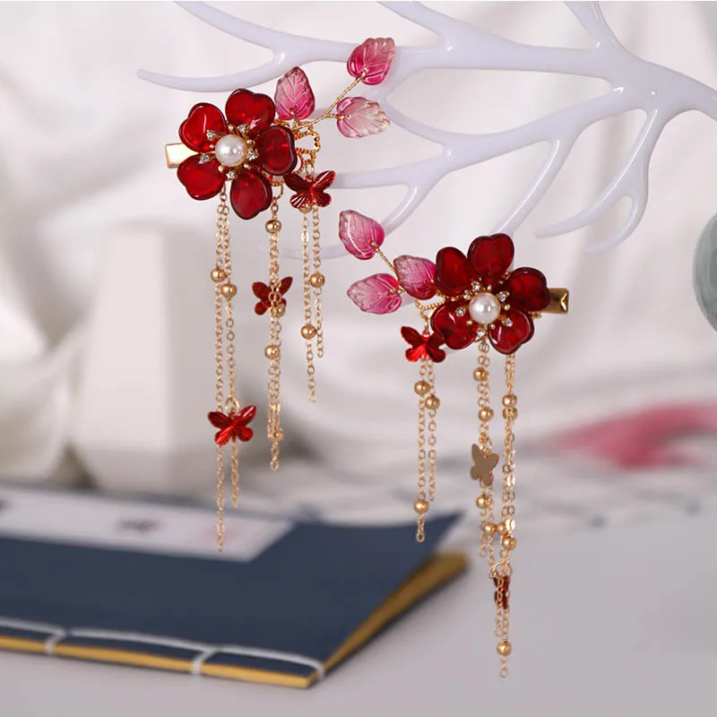 Chinese Style Hair Clip For Women Exquisite Red Flower Hairpins Crystal Headwear Long Butterfly Tassels Jewelry Hair Accessories