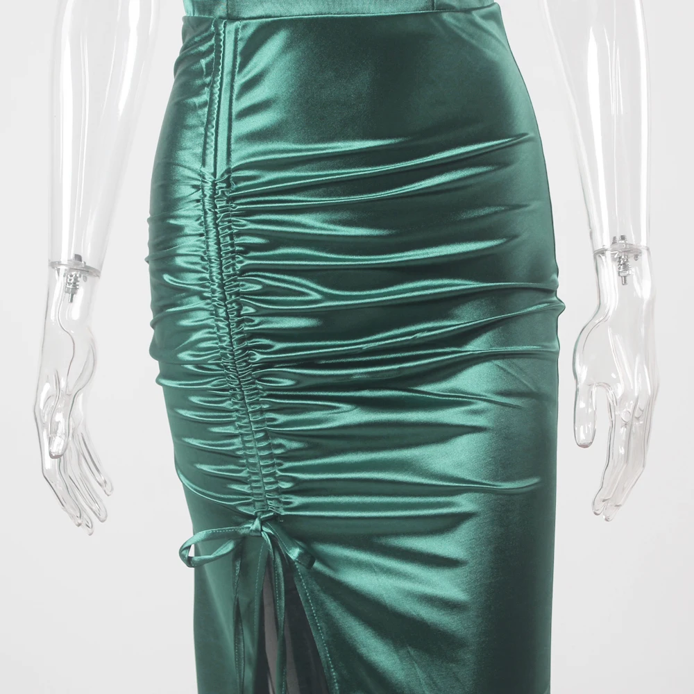 Green Satin Drawstring Split Leg V neck Backless Sleeveless Long Evening Party Dress Gown Prom Summer