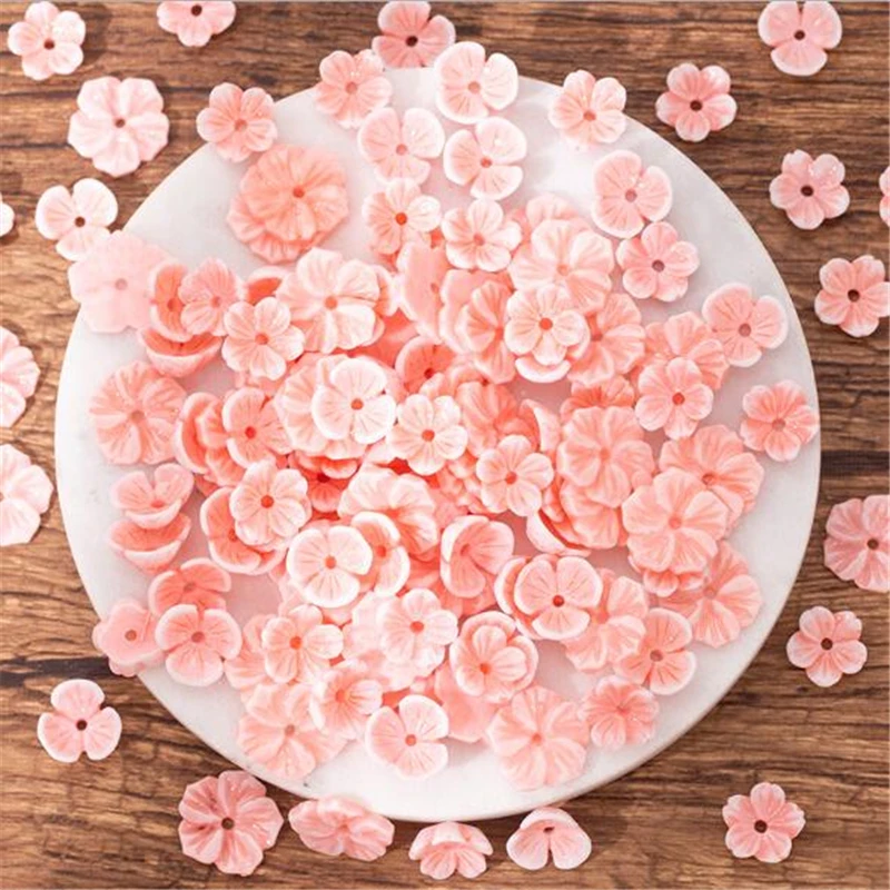 50pcs/lot new pink flower resin beads for diy hair clip jewelry making accessories imitation shell loose beads with hole