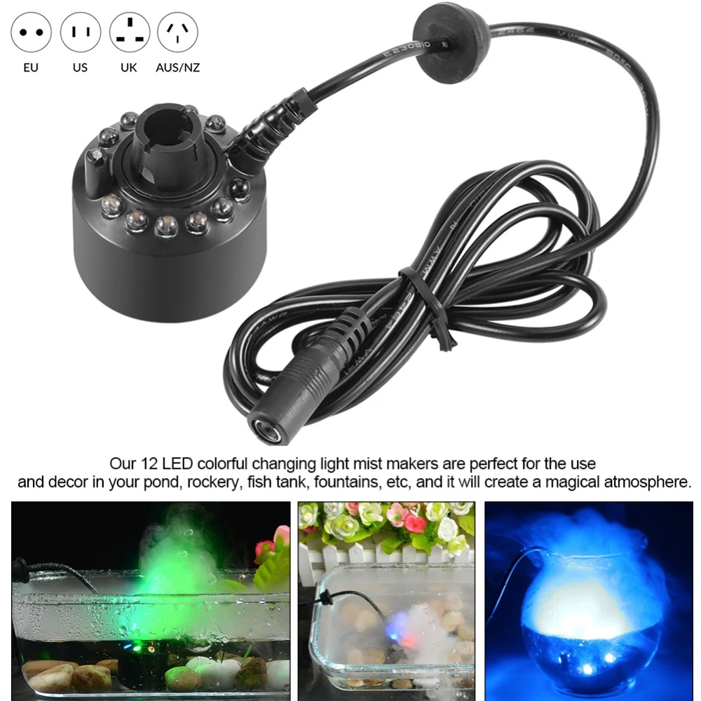 Ultrasonic Humidifier Aquarium Mist Maker Forger Submersible LED Water Pump with 12 LED Color Water Fountain Pond Fish Tank D30